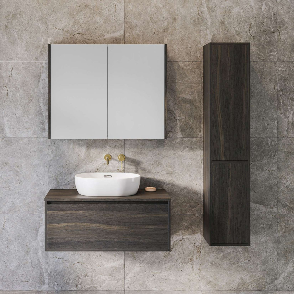 Timberline Delaware wall hung vanity in dark woodgrain with white basin and matching wall cabinet in a tiled bathroom setting