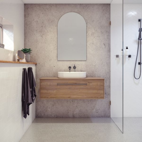 Timberline Delaware wall hung vanity in woodgrain finish with above-counter basin, shown in a modern bathroom setting