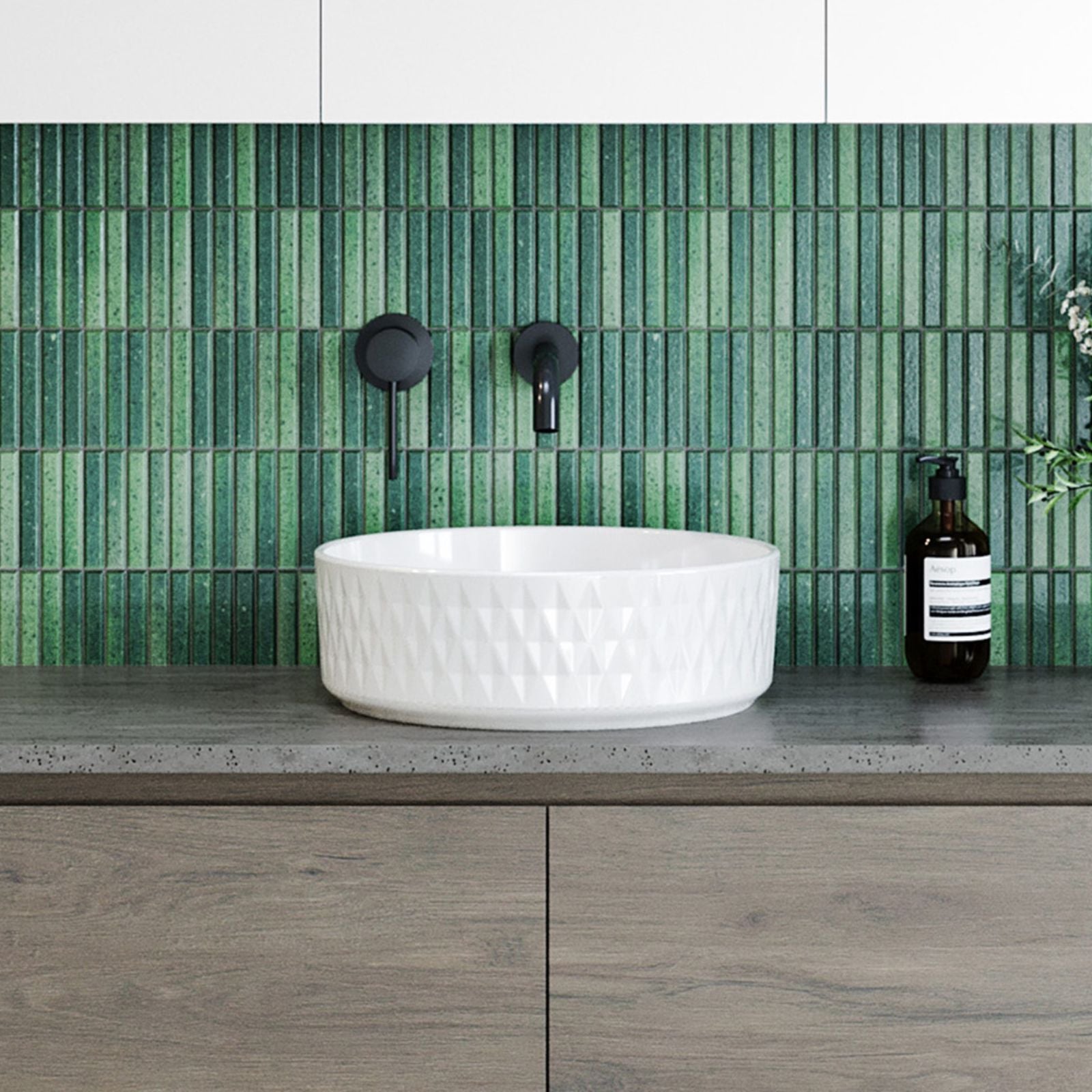 Timberline Diamond gloss white round above-counter ceramic basin with textured diamond pattern on vanity top