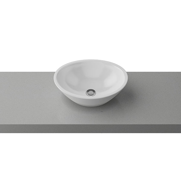 Timberline Elite round above counter basin in gloss white ceramic on a grey vanity top