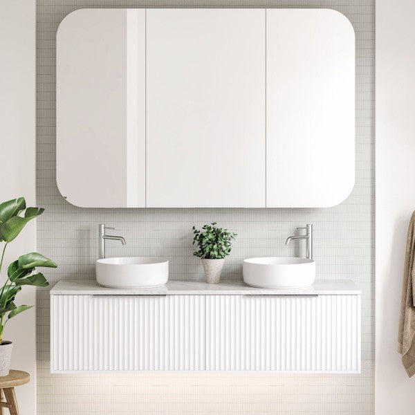 Timberline Elwood Apollo white wall hung vanity with double above counter basins and rounded mirror in bathroom setting