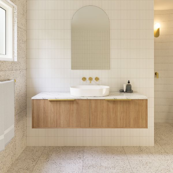 Timberline Elwood Dockland wall hung vanity with above counter basin, woodgrain finish and marble-look top, in bathroom setting