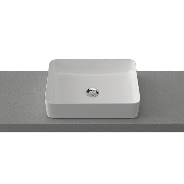 Timberline Enchant gloss white rectangular above-counter ceramic basin on grey vanity top