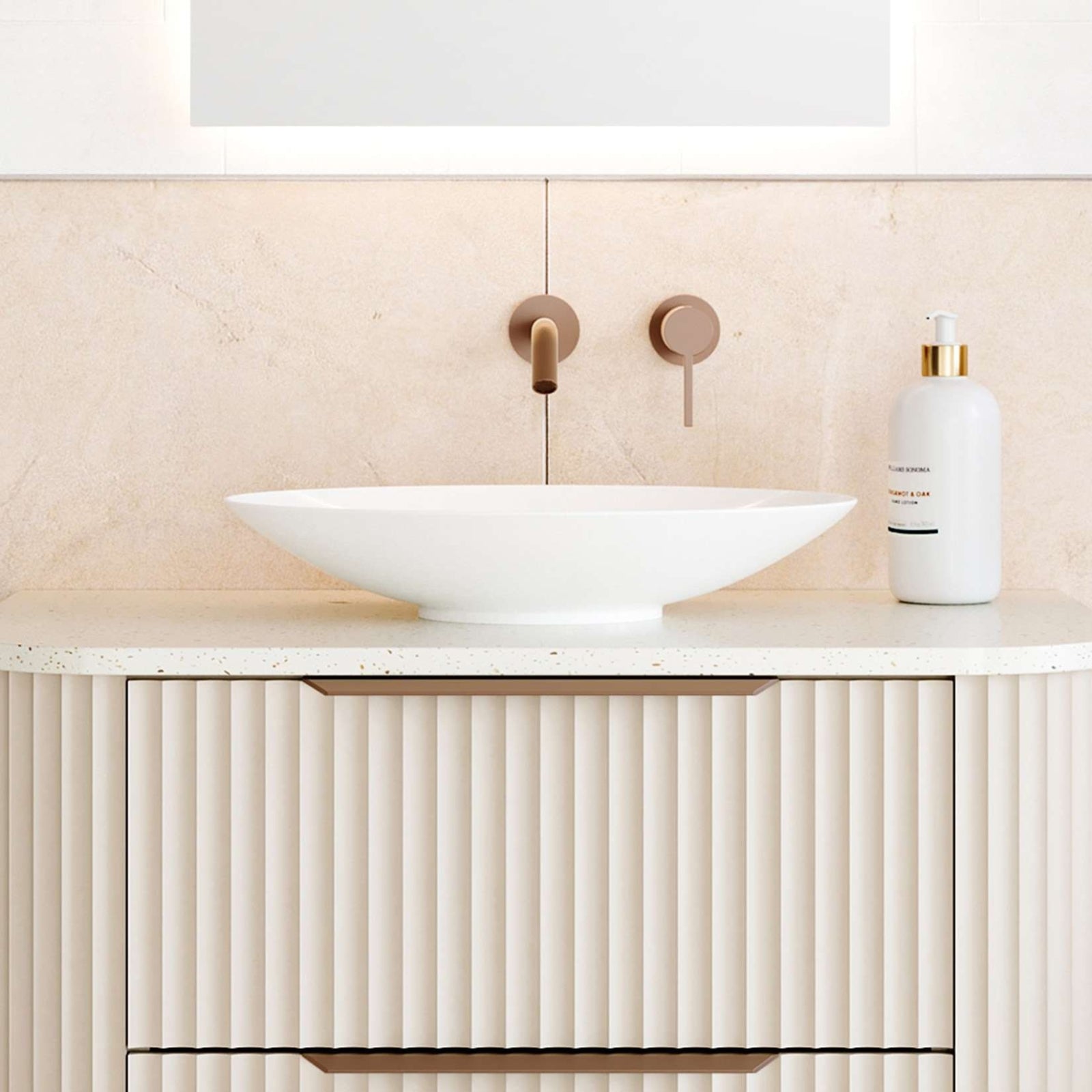 Timberline Feather oval above counter basin in matte white on a bathroom vanity with tapware and stone benchtop