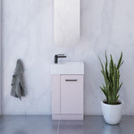 Timberline Frankie small floor standing vanity with white ceramic top, pink cabinet and matte black handle in bathroom setting