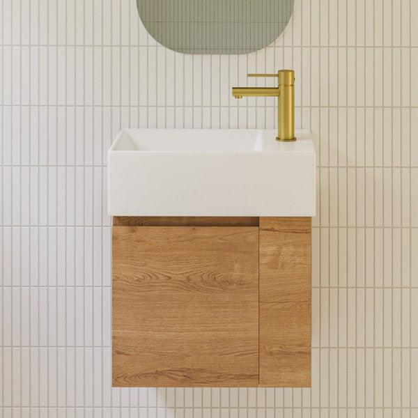 Timberline Frankie wall hung vanity with Liberty ceramic top, planked oak finish and white basin, left bowl view