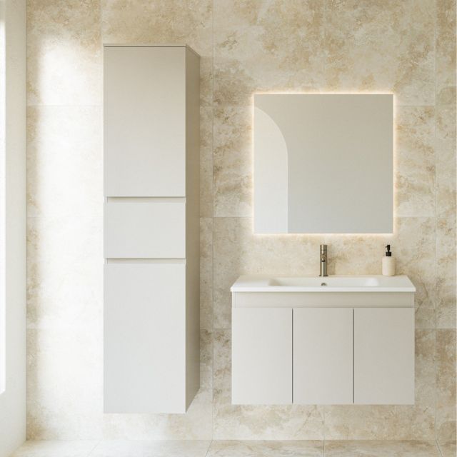 Timberline Fraser wall hung tallboy in grey beige satin with fingerpull handles, shown beside a matching vanity in a bathroom setting