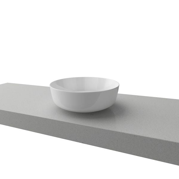 Timberline Gem white round above counter basin on a grey vanity top, side view