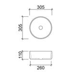 Timberline Gem round above counter basin technical drawing, white ceramic, 305mm diameter and 110mm high