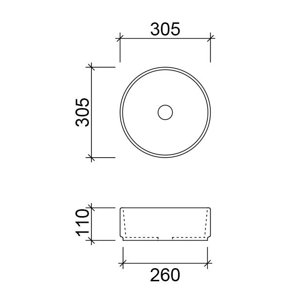 Timberline Gem round above counter basin technical drawing, white ceramic, 305mm diameter and 110mm high