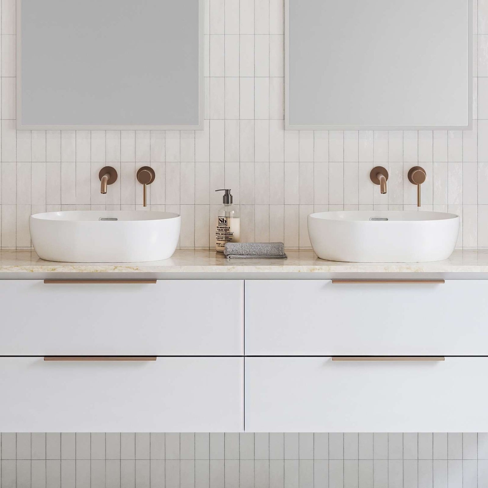 Timberline Giana white gloss oval above counter basin shown in a double vanity bathroom setting