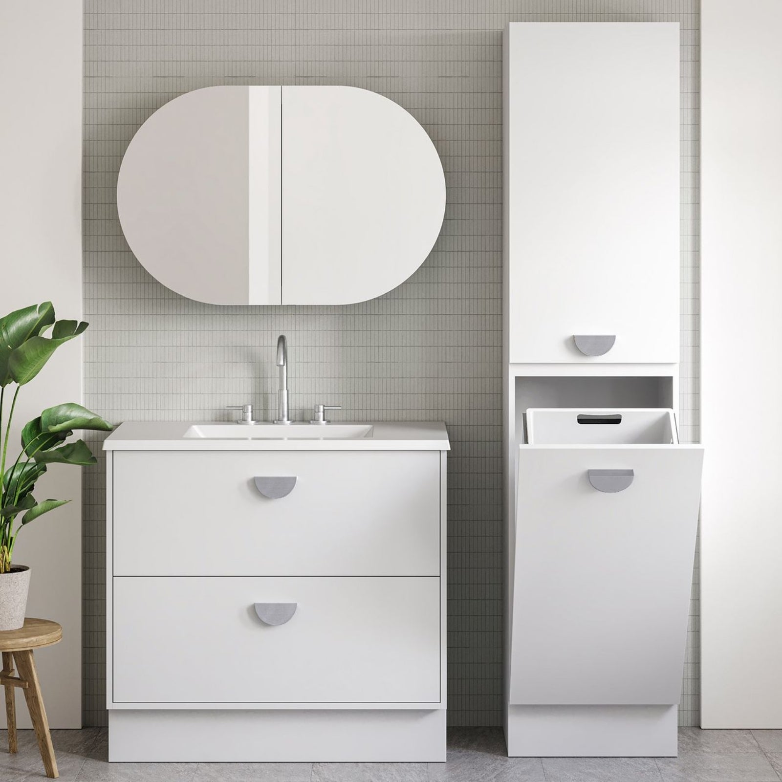 Timberline Grange floor standing vanity in white, with Regal mineral composite top, centre basin and chrome handles in bathroom setting