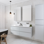 Timberline Grange wall hung vanity in white with Silk Surface top and double basins in a modern bathroom setting