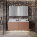 Timberline Grange wall hung vanity with silk surface top, twin white basins and matching wall cabinet in a modern bathroom
