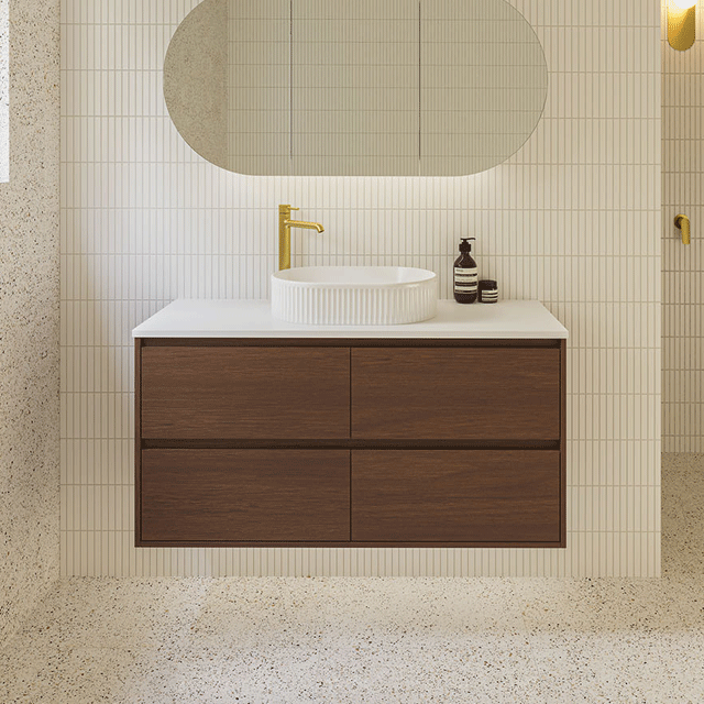 Timberline Grange wall hung vanity with white top and round basin, aged walnut finish, front view in bathroom setting