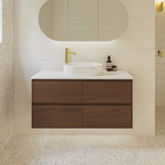 Timberline Grange wall hung vanity with white top and round basin, aged walnut finish, front view in bathroom setting