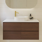 Timberline Grange wall hung vanity in aged walnut with white Silk Surface top and round basin, front view