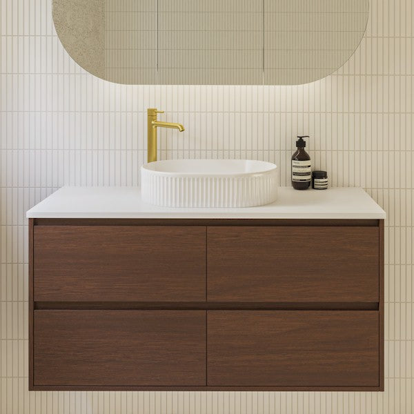 Timberline Grange wall hung vanity in aged walnut with white Silk Surface top and round basin, front view