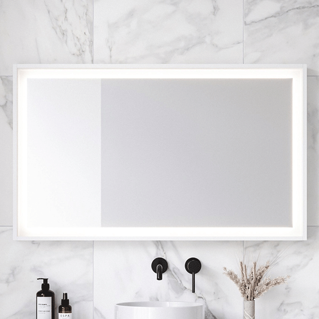 Timberline Halifax rectangular white LED mirror, wall mounted above vanity in bathroom setting