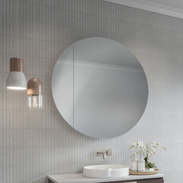 Timberline Havana round shaving cabinet with mirrored door in a modern bathroom wall setting