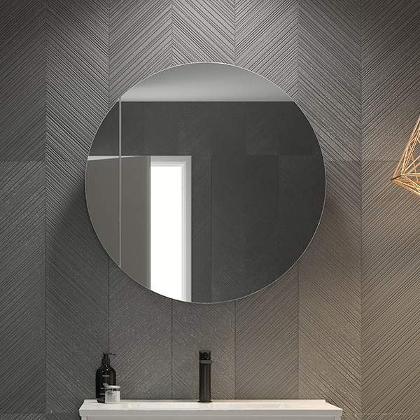 Timberline Havana round shaving cabinet mirror in dark bathroom, wall-mounted above vanity