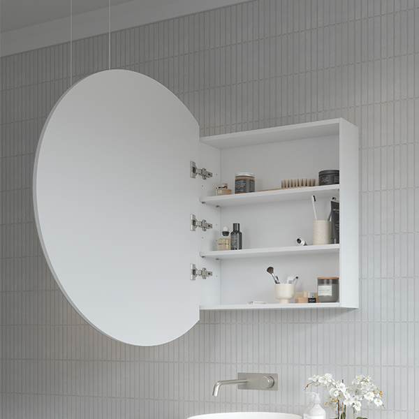 Timberline Havana shaving cabinet with round mirror door open to white storage shelves in a tiled bathroom