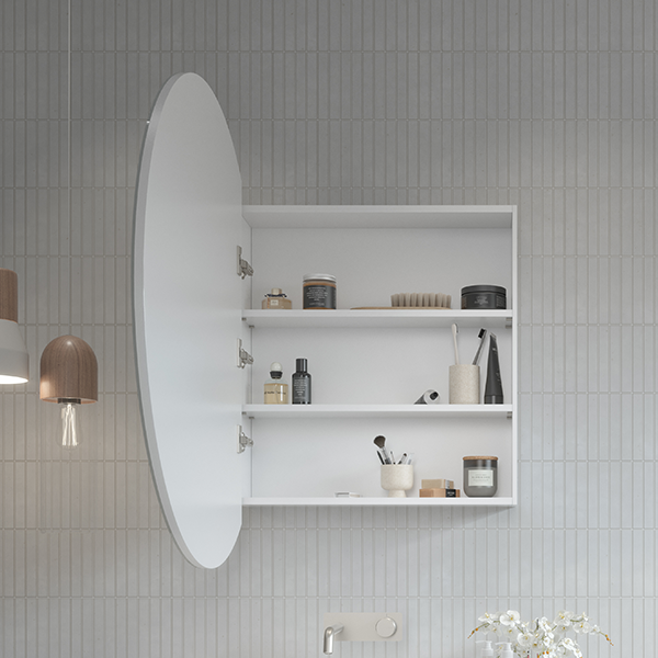 Timberline Havana round shaving cabinet in white, open to show mirror door and shelves against tiled wall