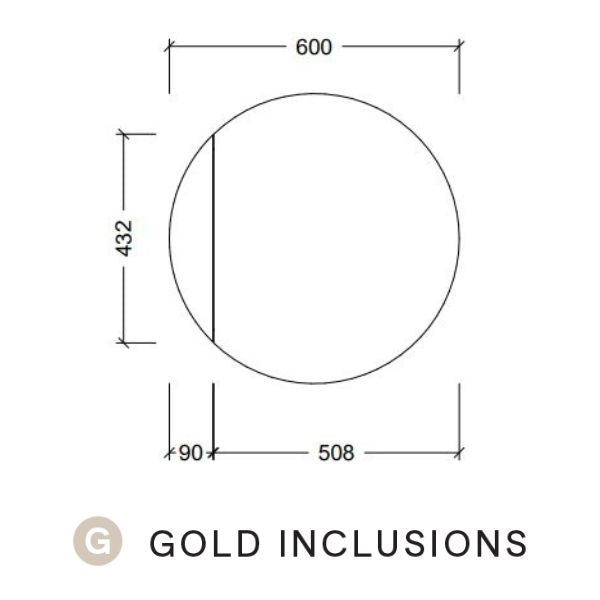 Timberline Havana 600mm round shaving cabinet technical drawing, gold inclusions, front view with dimensions