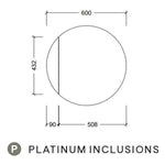 Timberline Havana round shaving cabinet technical drawing, 600mm wide, platinum inclusions, front view with measurements