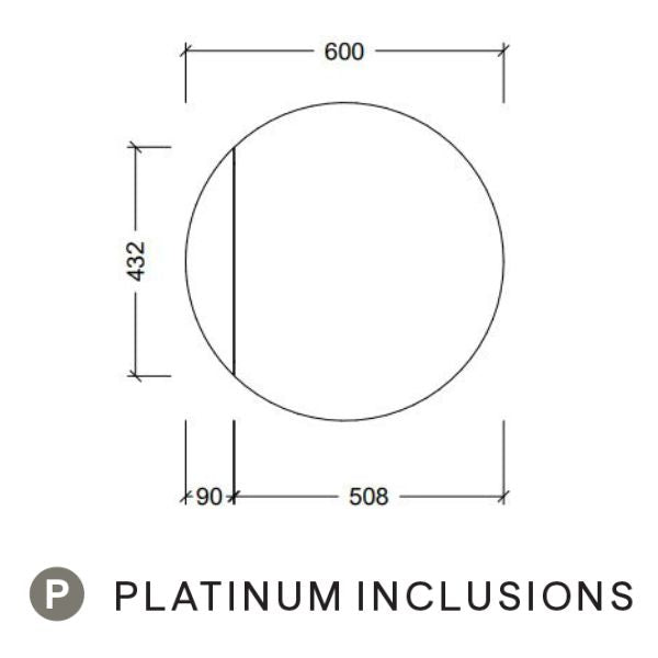 Timberline Havana round shaving cabinet technical drawing, 600mm wide, platinum inclusions, front view with measurements
