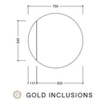 Timberline Havana round shaving cabinet technical drawing, 750mm wide x 545mm high, gold inclusions