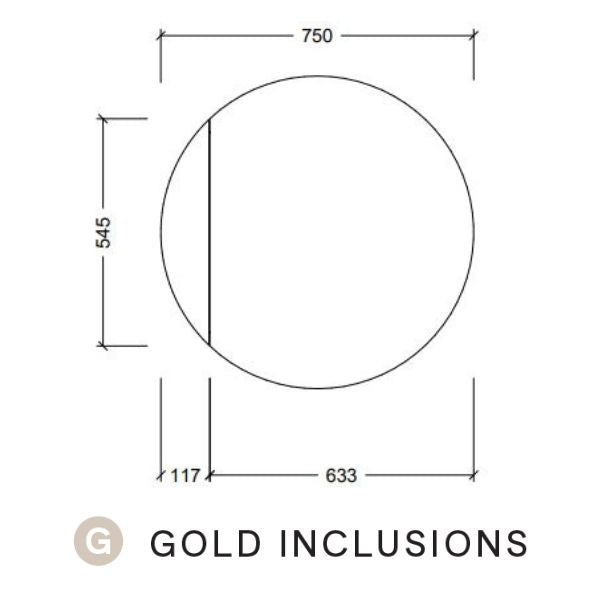 Timberline Havana round shaving cabinet technical drawing, 750mm wide x 545mm high, gold inclusions