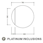 Timberline Havana round shaving cabinet technical drawing, 750mm wide, platinum inclusions, mirror door dimensions shown