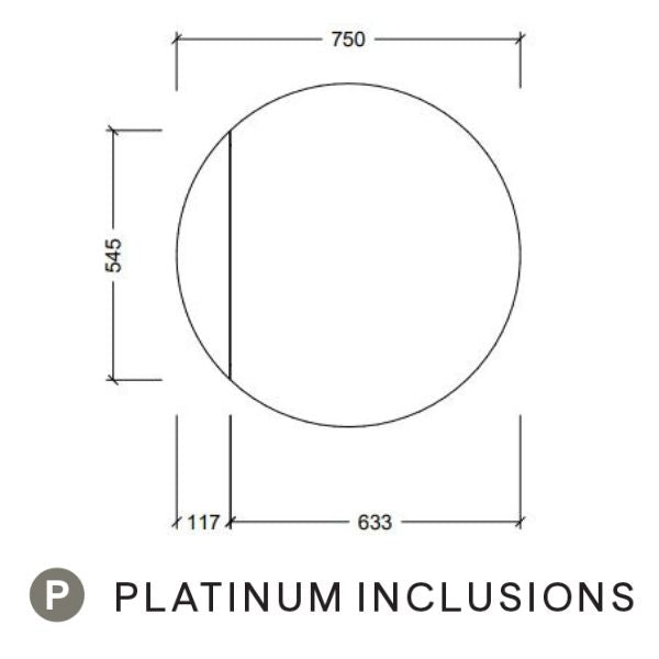 Timberline Havana round shaving cabinet technical drawing, 750mm wide, platinum inclusions, mirror door dimensions shown