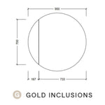 Timberline Havana round shaving cabinet technical drawing, 900 x 700mm, with Gold Inclusions label and dimensions shown
