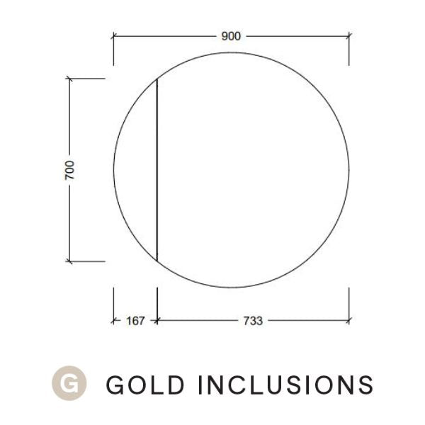 Timberline Havana round shaving cabinet technical drawing, 900 x 700mm, with Gold Inclusions label and dimensions shown