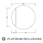 Timberline Havana shaving cabinet technical drawing, round mirror cabinet, 900mm wide x 700mm high, platinum inclusions