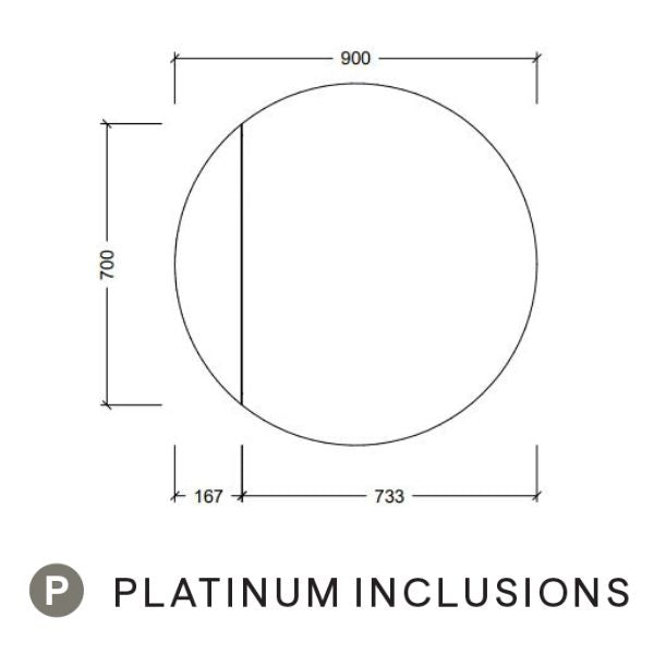 Timberline Havana shaving cabinet technical drawing, round mirror cabinet, 900mm wide x 700mm high, platinum inclusions