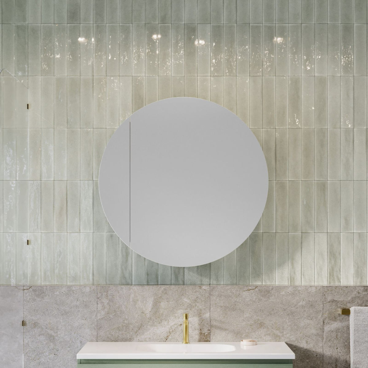 Timberline Havana round shaving cabinet in white, mounted above a bathroom vanity with tiled wall backdrop