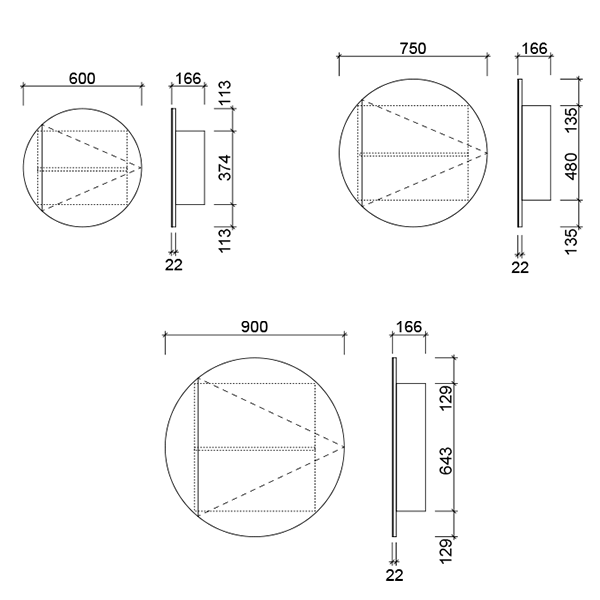 Technical drawing of Timberline Havana shaving cabinet, round mirror door design shown in 600mm, 750mm and 900mm sizes