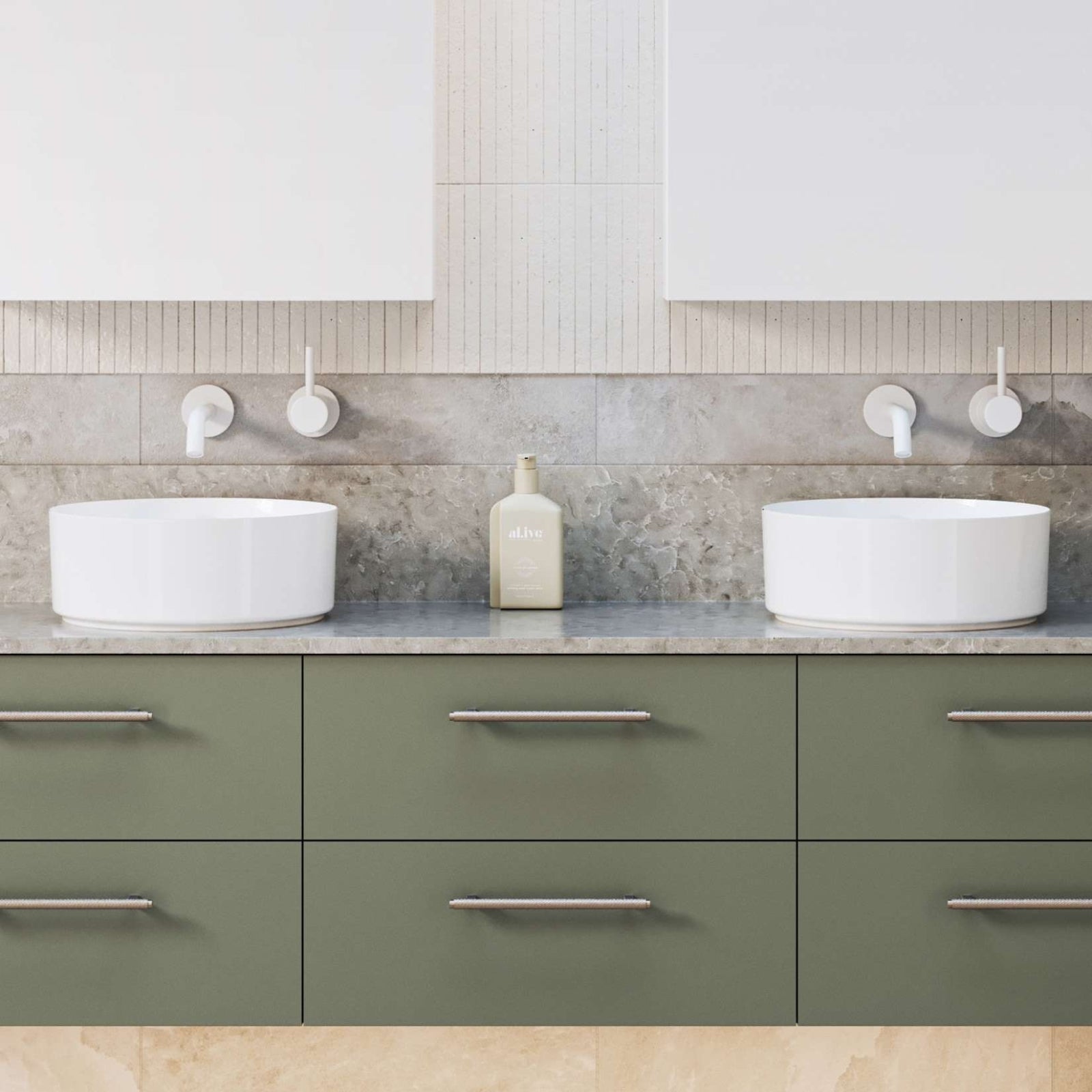 Timberline Hazel white gloss round above counter basin shown on a twin vanity in a bathroom setting
