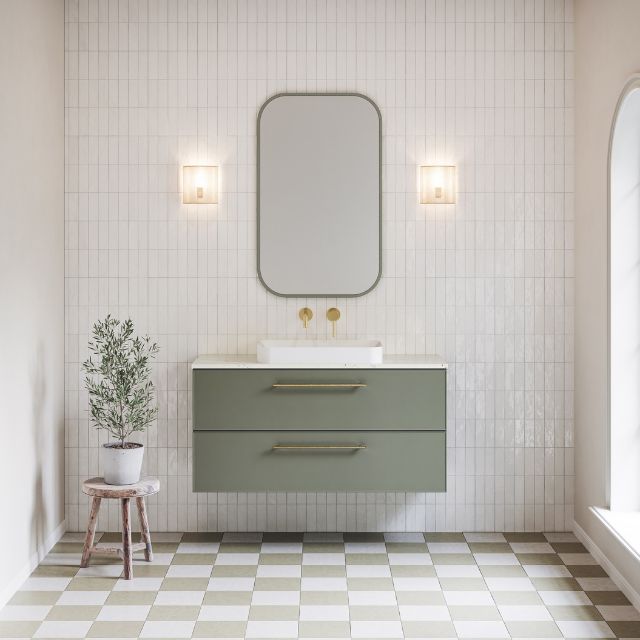 Timberline Henley Kent wall hung vanity in olive green with white above counter basin, framed mirror and wall lights