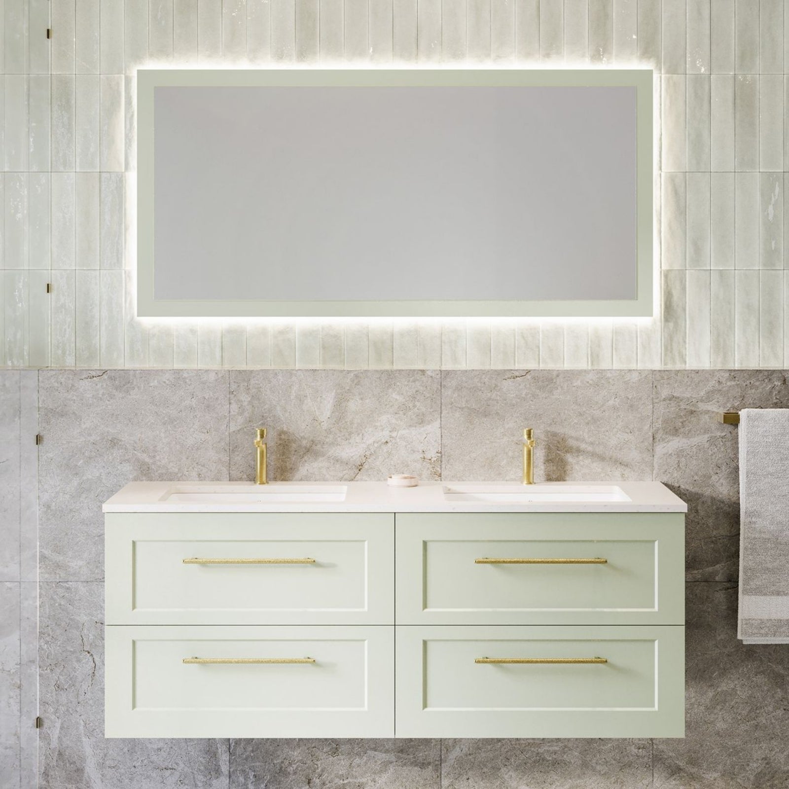 Timberline Henley Sussex wall hung vanity in pale green, with white top, double basin and gold handles