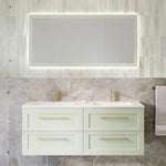 Timberline Henley Sussex wall hung vanity in pale green, with white top, double basin and gold handles
