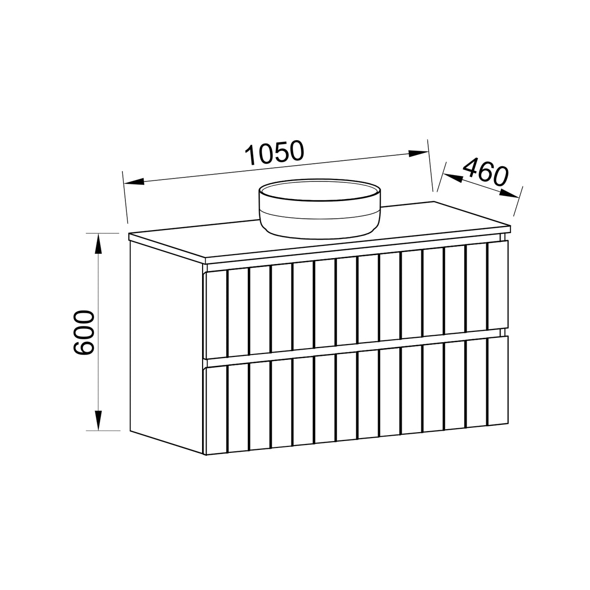 Technical drawing of Timberline Henley Sussex wall hung vanity, 1050 x 460 x 600mm, centre basin layout