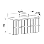 Technical drawing of Timberline Henley Sussex wall hung vanity, 1200mm wide, 460mm deep, 600mm high, with centre basin.