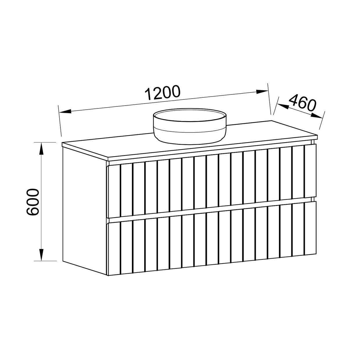 Technical drawing of Timberline Henley Sussex wall hung vanity, 1200mm wide, 460mm deep, 600mm high, with centre basin.