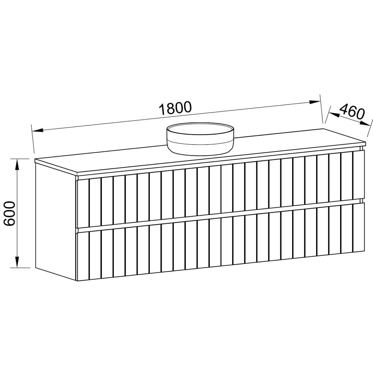 Timberline Henley Sussex 1800mm wall hung vanity technical drawing with single basin, 600mm high and 460mm deep