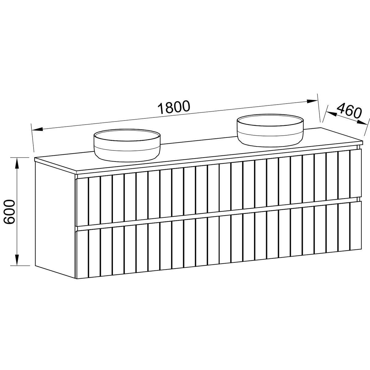 Technical drawing of Timberline Henley Sussex wall hung vanity, 1800mm wide, with double round basins and 460mm depth
