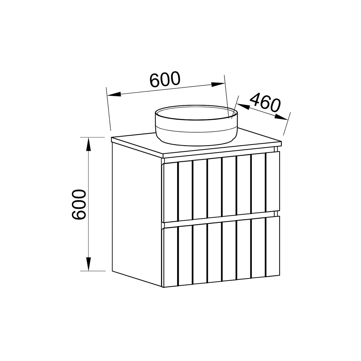 Technical drawing of Timberline Henley Sussex wall hung vanity, 600 x 460 x 600mm with centre basin at top view